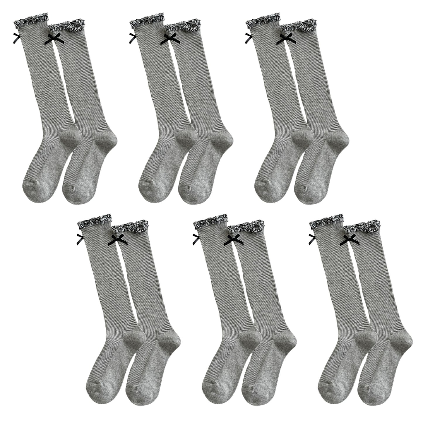 6pk Knee - High Socks with Bow and Patterned Cuff
