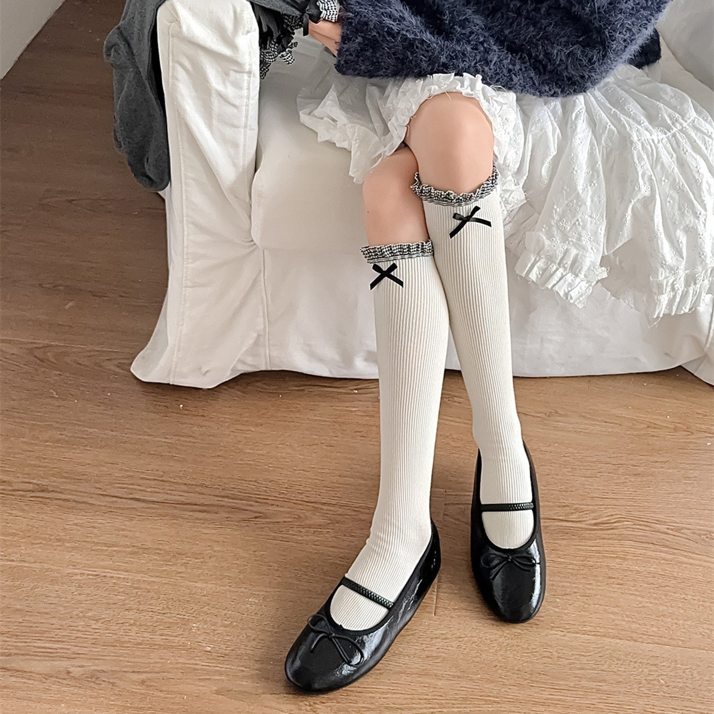 6pk Knee - High Socks with Bow and Patterned Cuff