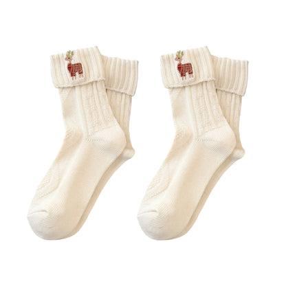 2-Pair Pack Fall Winter Warm Cotton Socks with Cute Christmas Embroidery