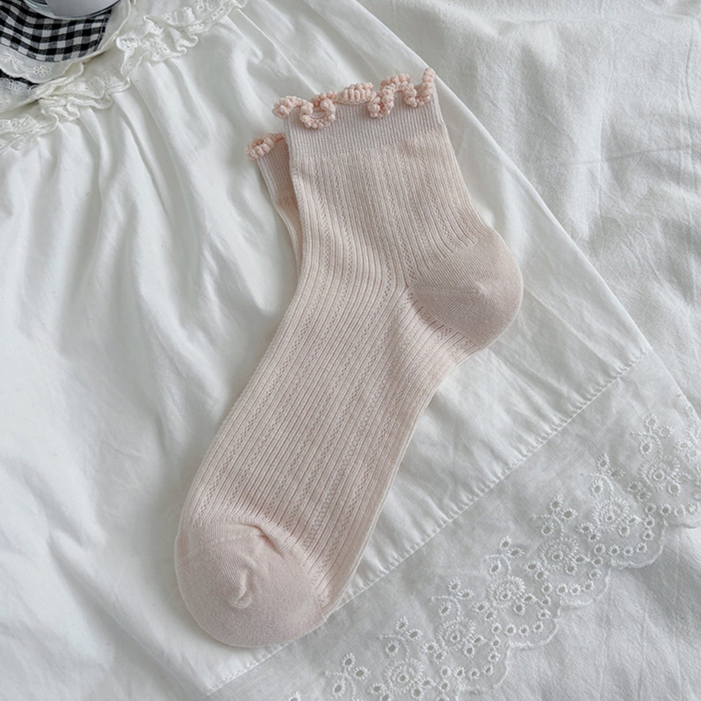 3-Pair Pack Cotton Mesh Ankle Socks with Delicate Ruffle Trim