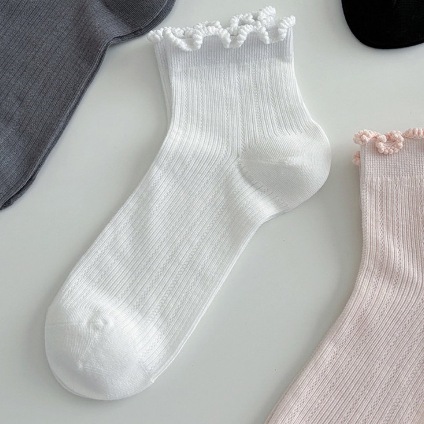 3-Pair Pack Cotton Mesh Ankle Socks with Delicate Ruffle Trim