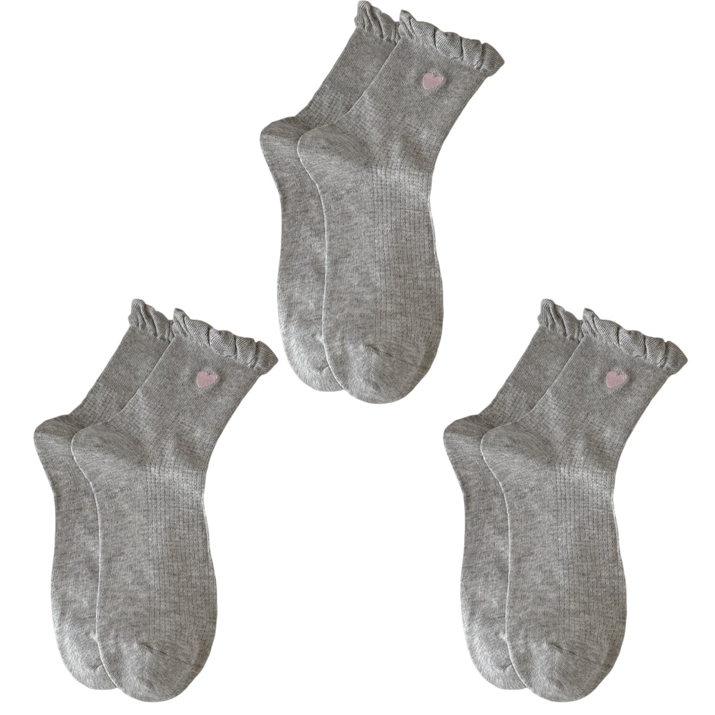 3-Pack Breathable Cotton Blend Socks with Ruffle Trim and Heart Embroidery