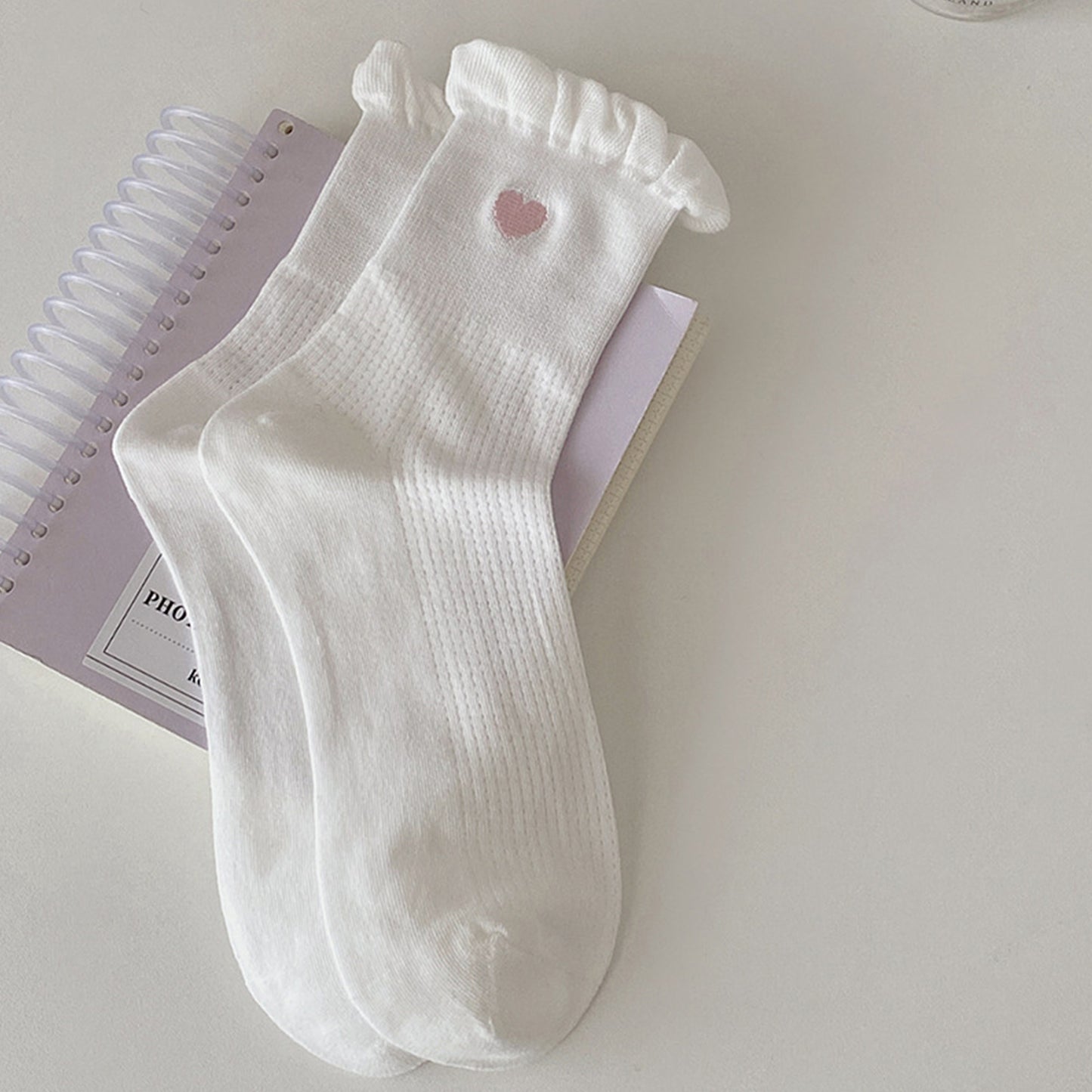 3-Pack Breathable Cotton Blend Socks with Ruffle Trim and Heart Embroidery