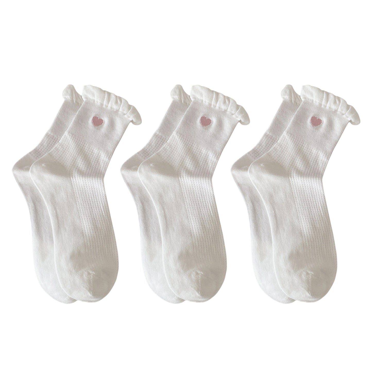 3-Pack Breathable Cotton Blend Socks with Ruffle Trim and Heart Embroidery