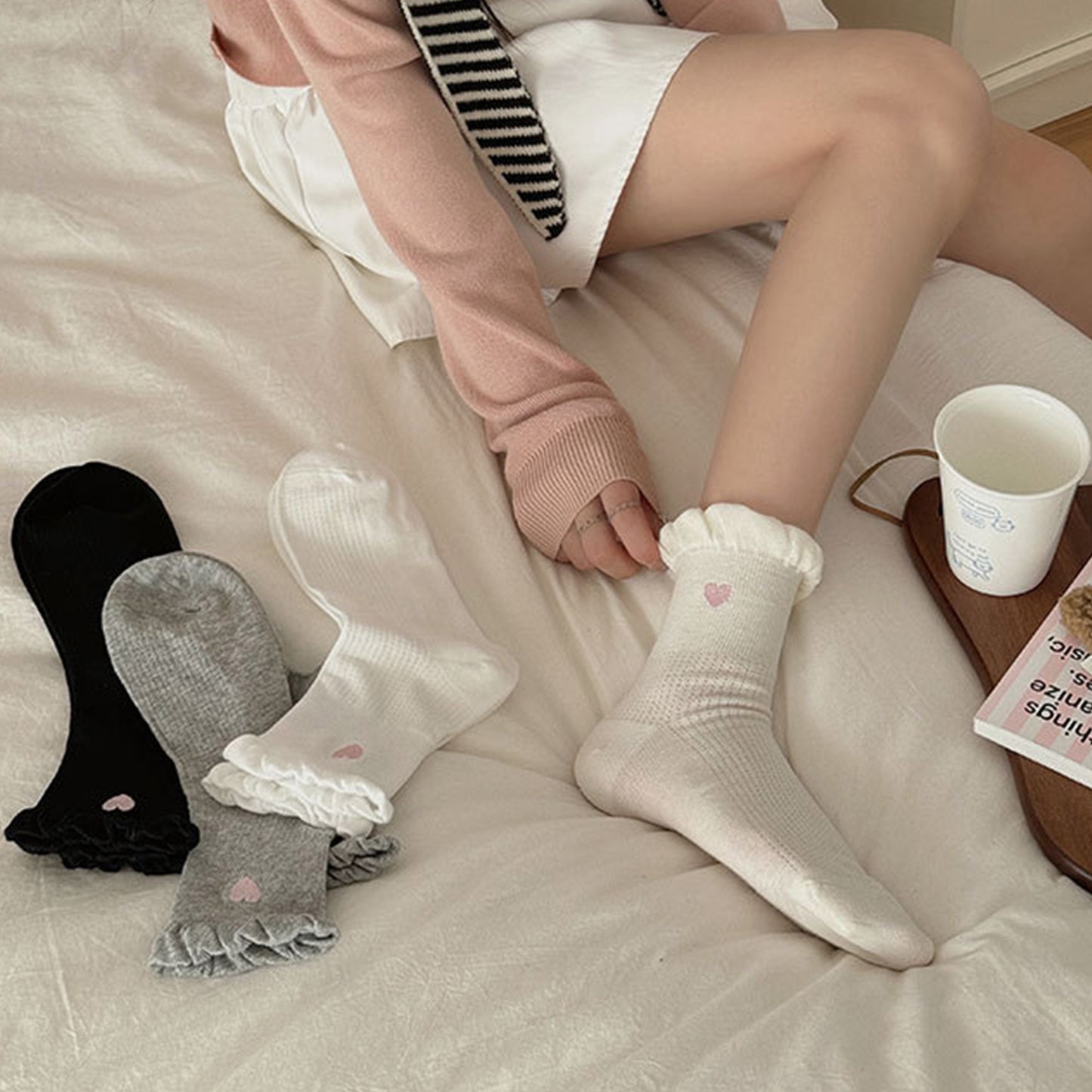 3-Pack Breathable Cotton Blend Socks with Ruffle Trim and Heart Embroidery