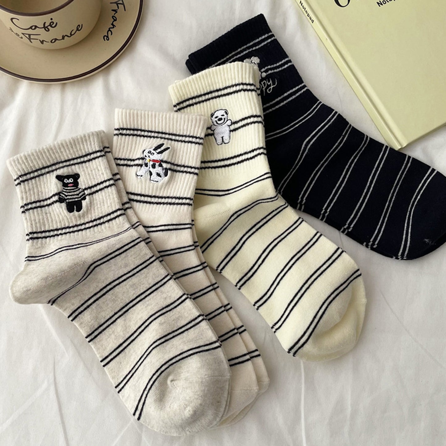 3-Pair Pack Cotton Blend Crew Socks with Cute Dogs Embroidery Design