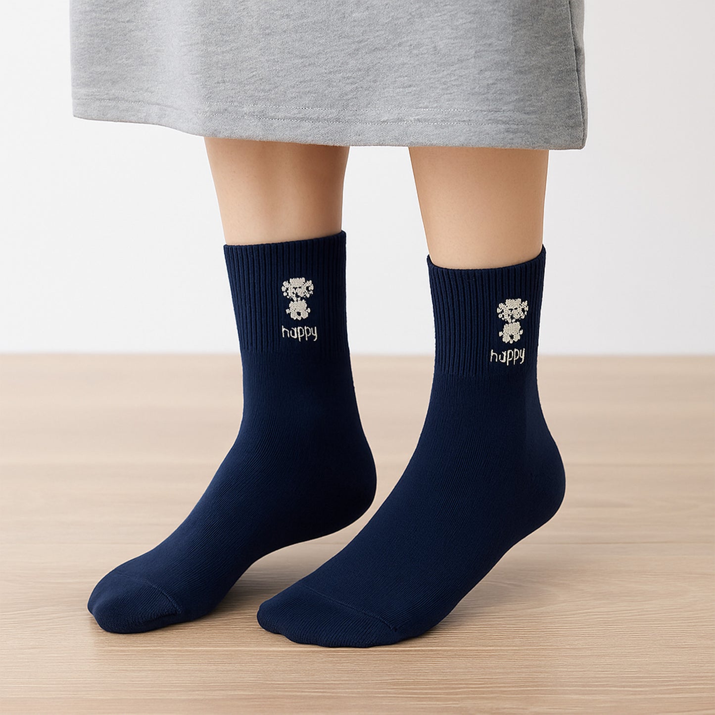 3-Pair Pack Cotton Blend Crew Socks with Cute Dogs Embroidery Design