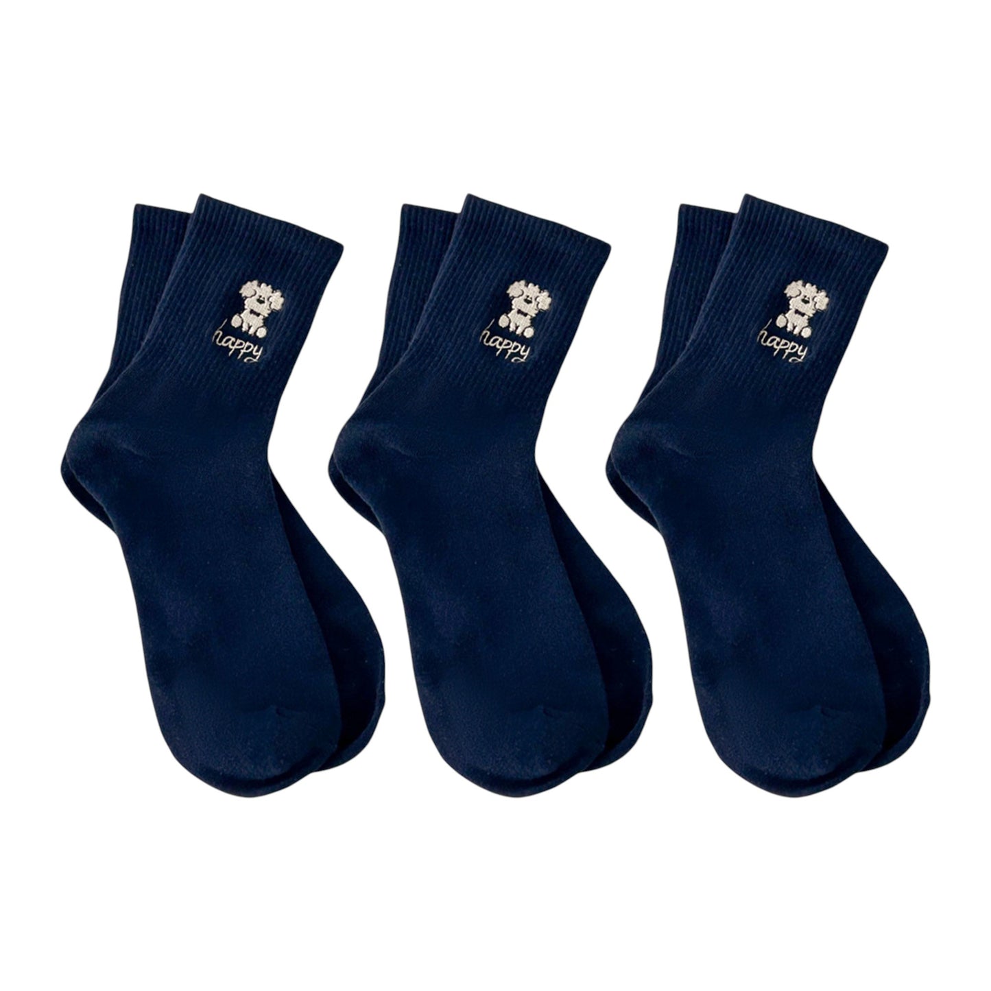 3-Pair Pack Cotton Blend Crew Socks with Cute Dogs Embroidery Design