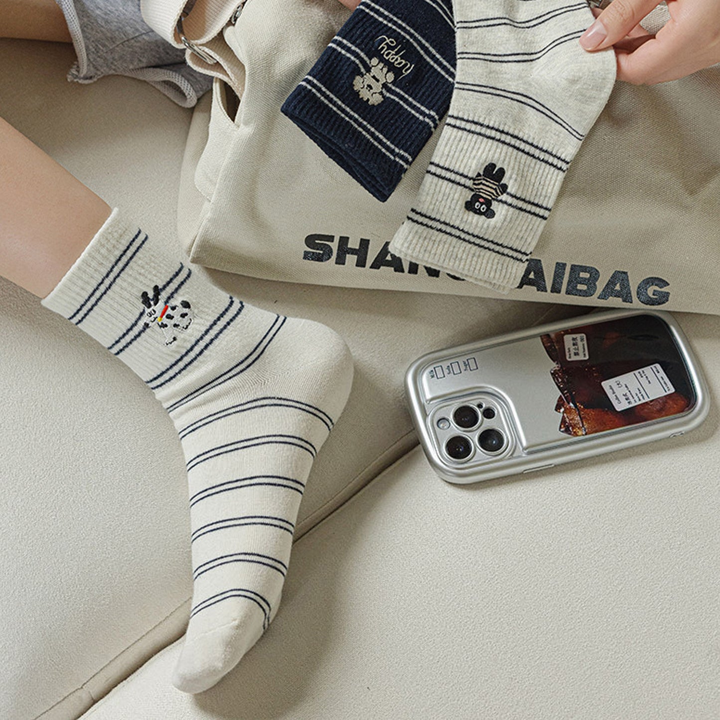 3-Pair Pack Cotton Blend Crew Socks with Cute Dogs Embroidery Design