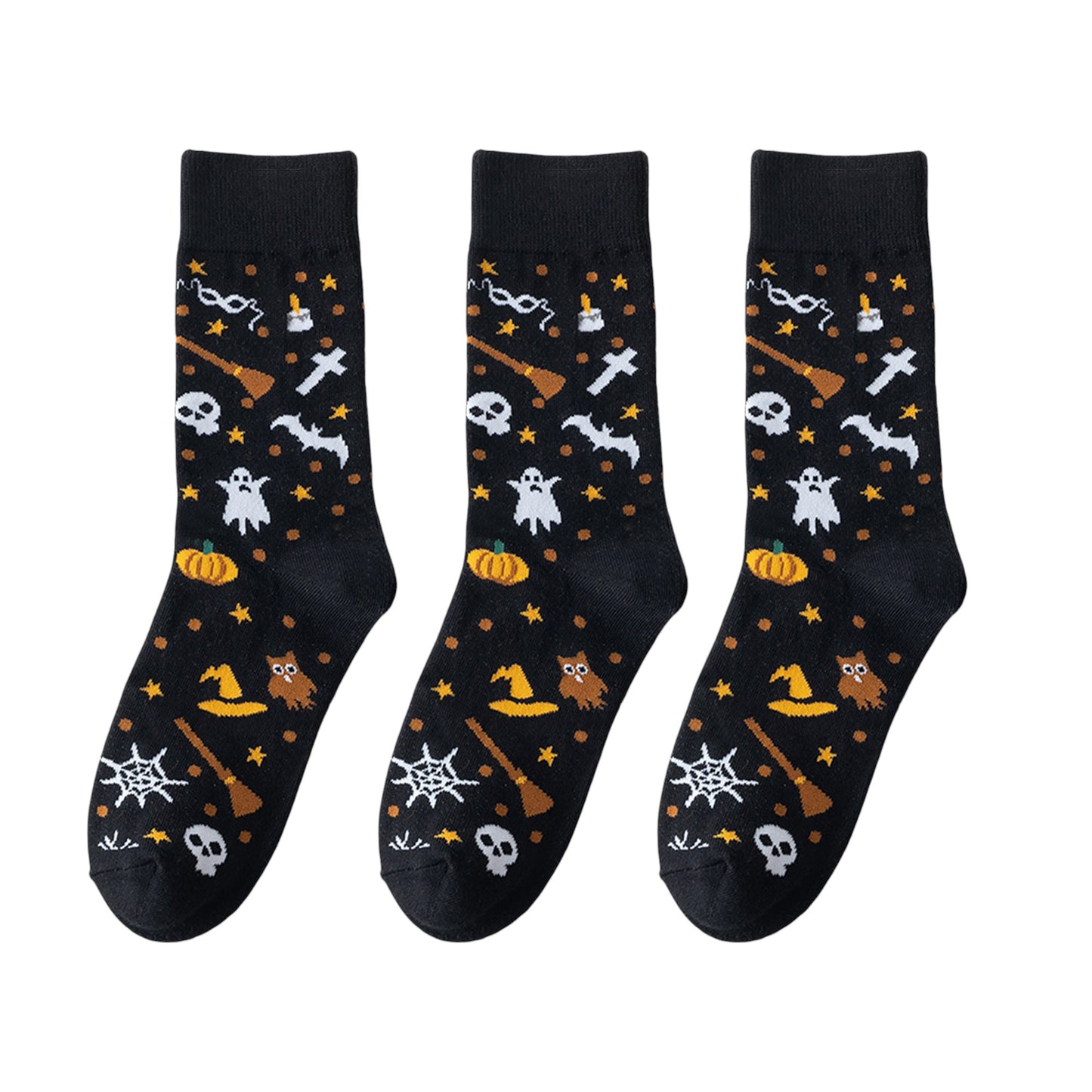 3-Pack Halloween Cotton Crew Socks with Festive Patterns