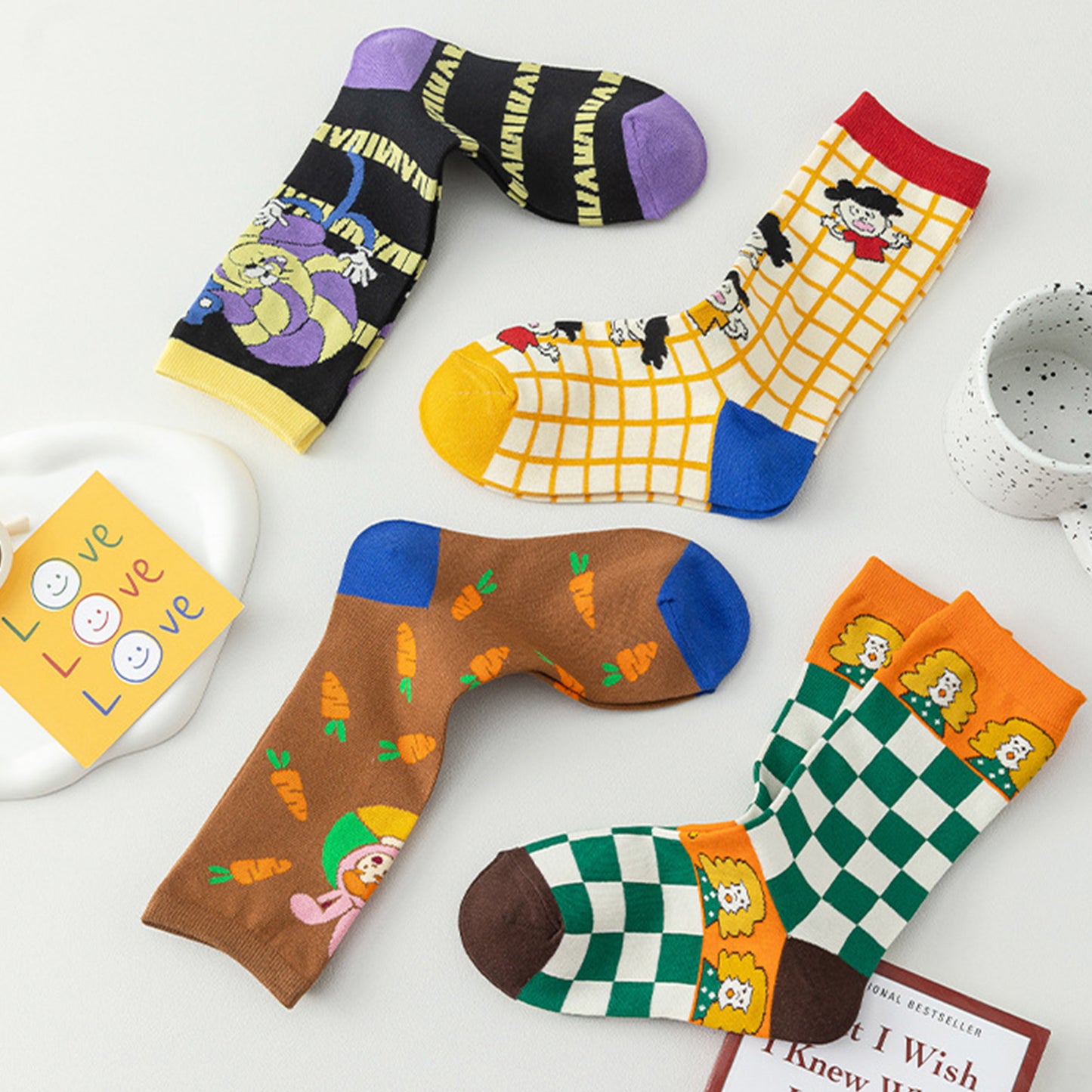 Trendy Cotton Socks 2-Pack Colorful Patterned Casual Design Breathable Soft