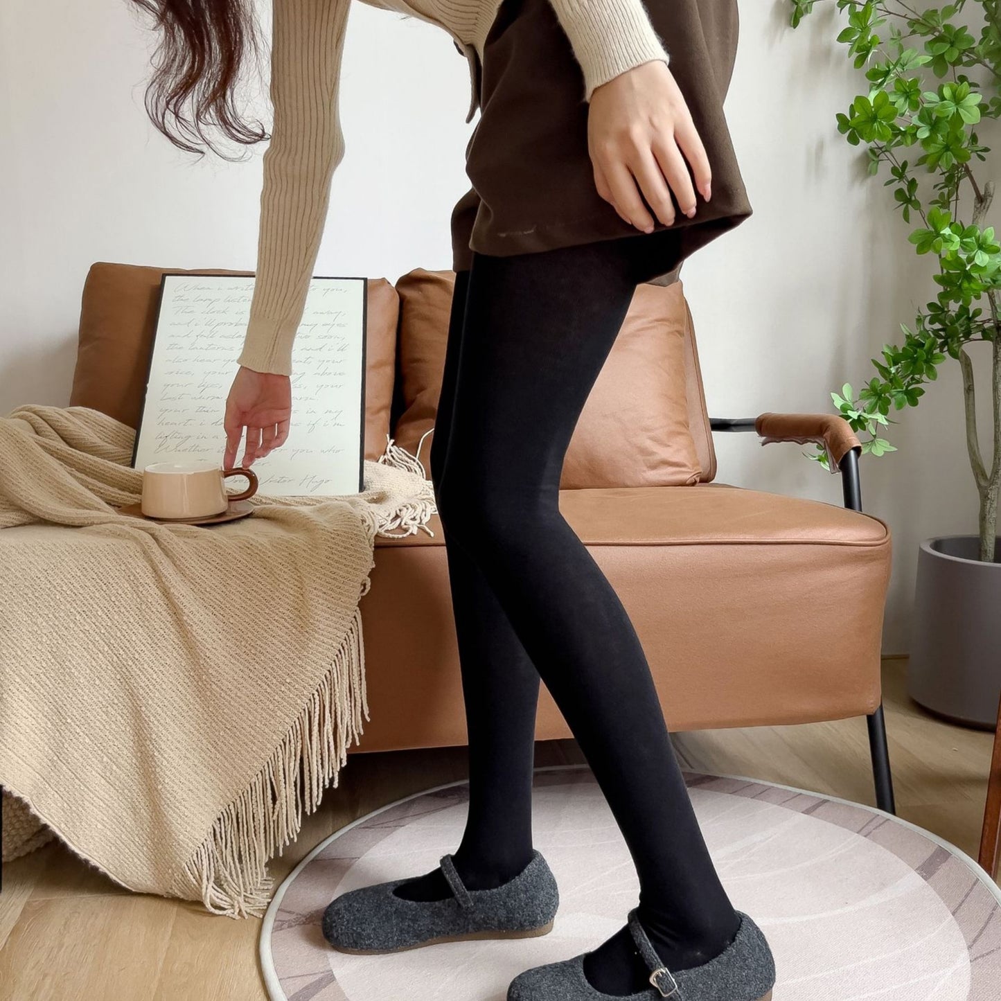 Opaque Stretch Tights with Soft Elastic Waistband and Smooth Finish