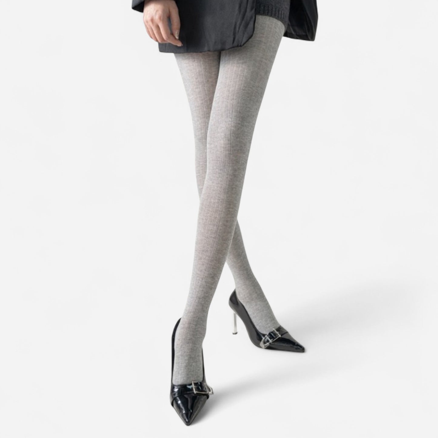 Ribbed Knit Opaque Tights with Soft Stretch Fabric and Elastic Waistband