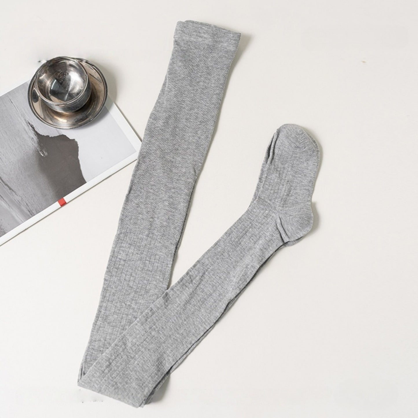 Ribbed Knit Opaque Tights with Soft Stretch Fabric and Elastic Waistband