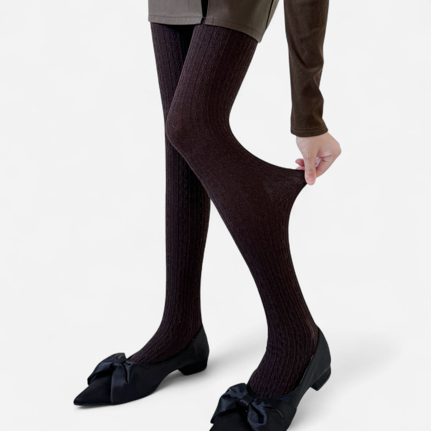 Cable Knit Patterned Opaque Tights with Soft Stretch Fabric and Elastic Waistband