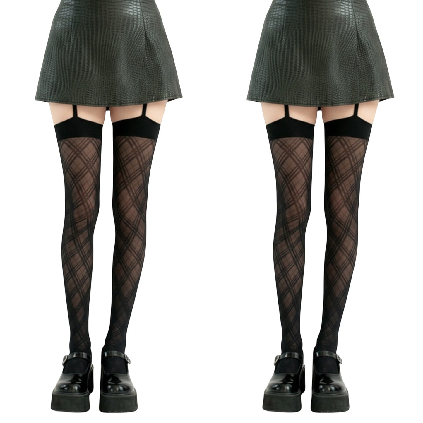 2pcs Women's Sheer Plaid Pattern Thigh High Tights with Elastic Band Top and Garter Style Detail