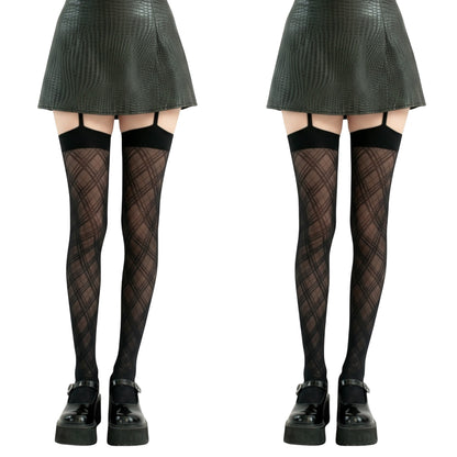 2pcs Women's Sheer Plaid Pattern Thigh High Tights with Elastic Band Top and Garter Style Detail