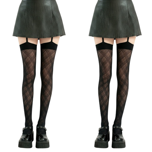 2pcs Women's Sheer Plaid Pattern Thigh High Tights with Elastic Band Top and Garter Style Detail