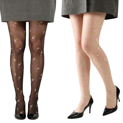 Sheer Floral Embroidered Tights with Delicate Blossom Pattern and Stretch Fit