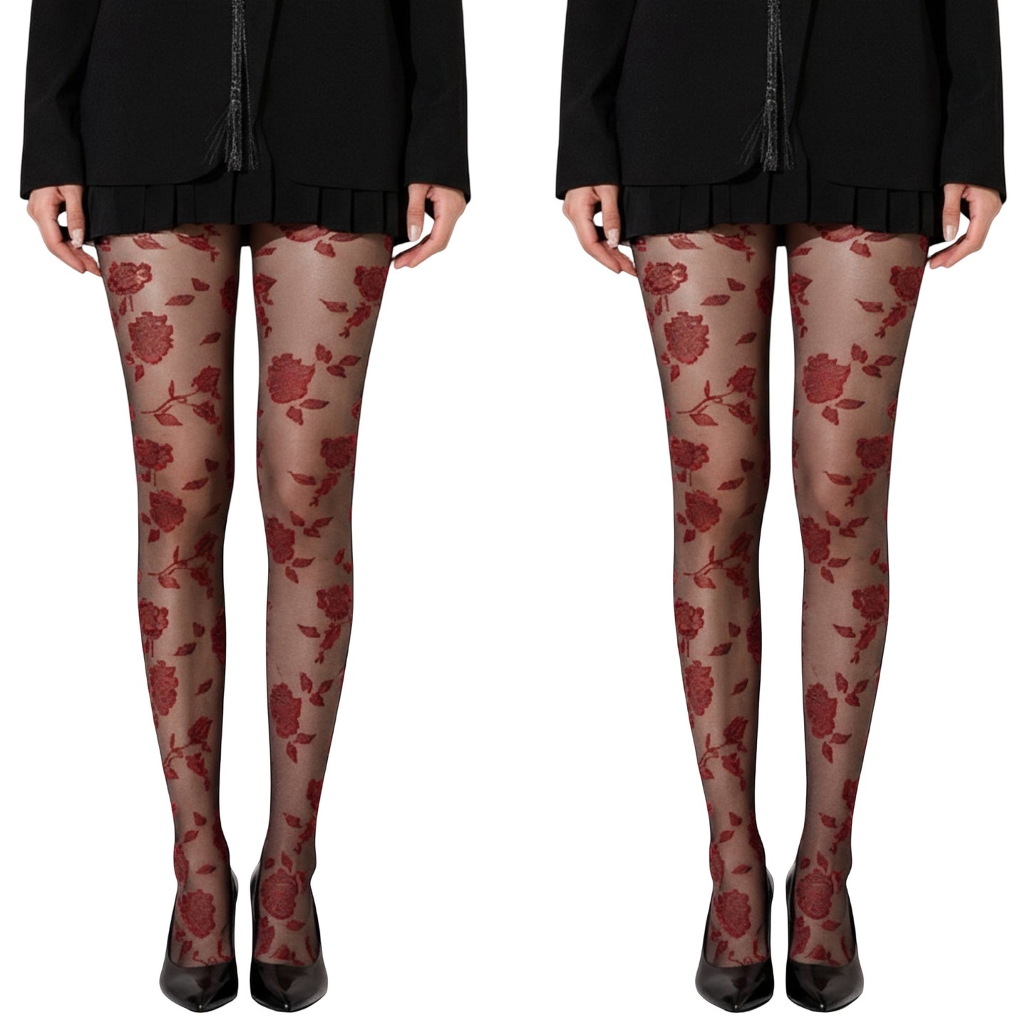 2pcs Women's Sheer Floral Pattern Tights with Bold Rose Motif and Stretch Mesh Design
