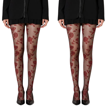 2pcs Women's Sheer Floral Pattern Tights with Bold Rose Motif and Stretch Mesh Design