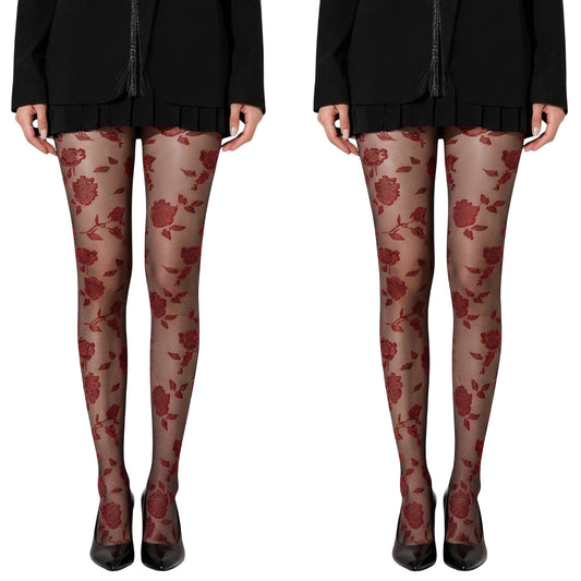 2pcs Women's Sheer Floral Pattern Tights with Bold Rose Motif and Stretch Mesh Design