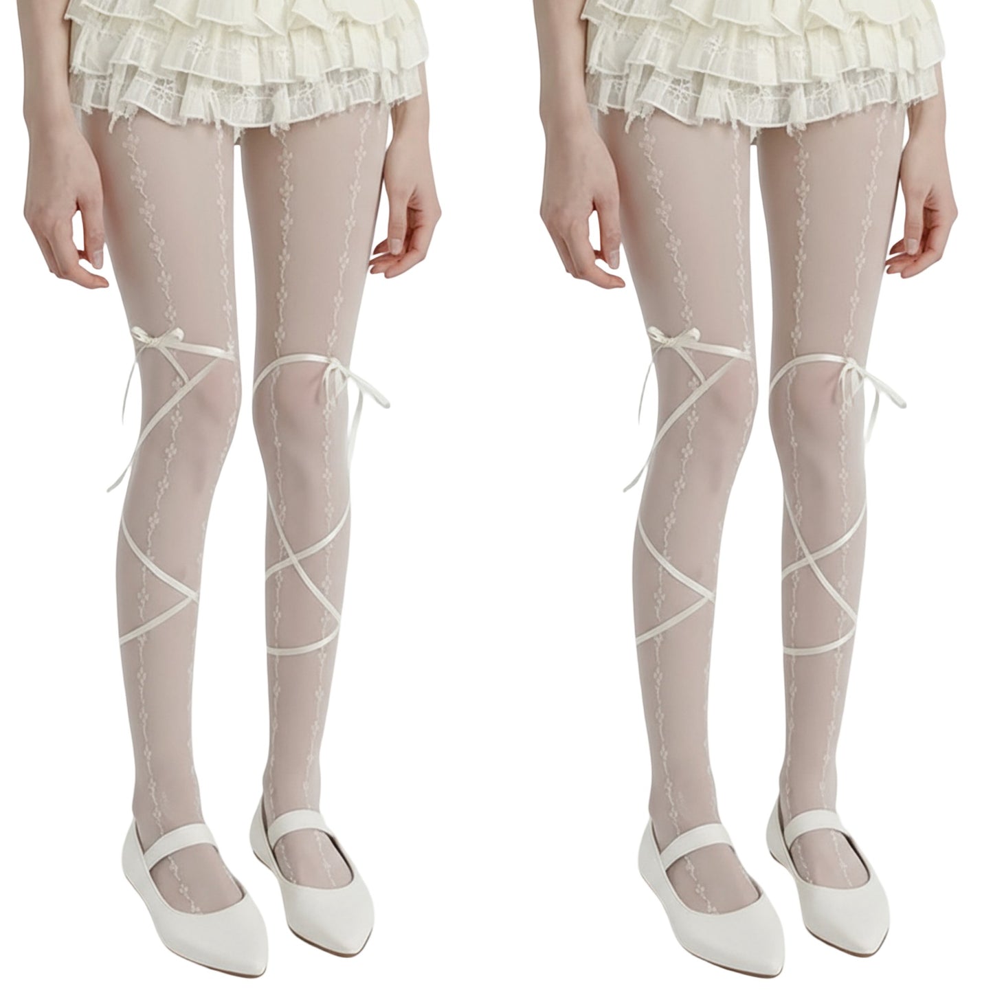 2pcs Women's Sheer Lace Pattern Tights with Ribbon Bow Wrap Detail and Stretch Fit