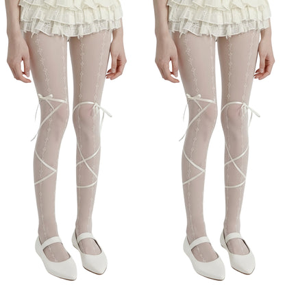 2pcs Women's Sheer Lace Pattern Tights with Ribbon Bow Wrap Detail and Stretch Fit