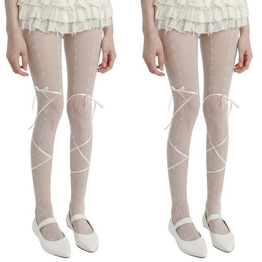 2pcs Women's Sheer Lace Pattern Tights with Ribbon Bow Wrap Detail and Stretch Fit
