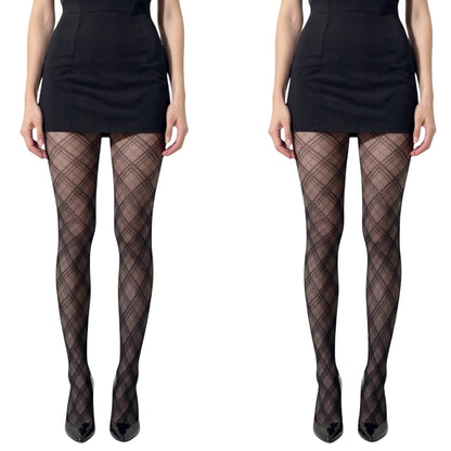 2pcs Women's Sheer Plaid Pattern Tights with Stretch Fit and Elegant Mesh Design