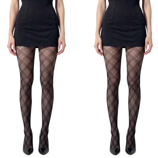 2pcs Women's Sheer Plaid Pattern Tights with Stretch Fit and Elegant Mesh Design