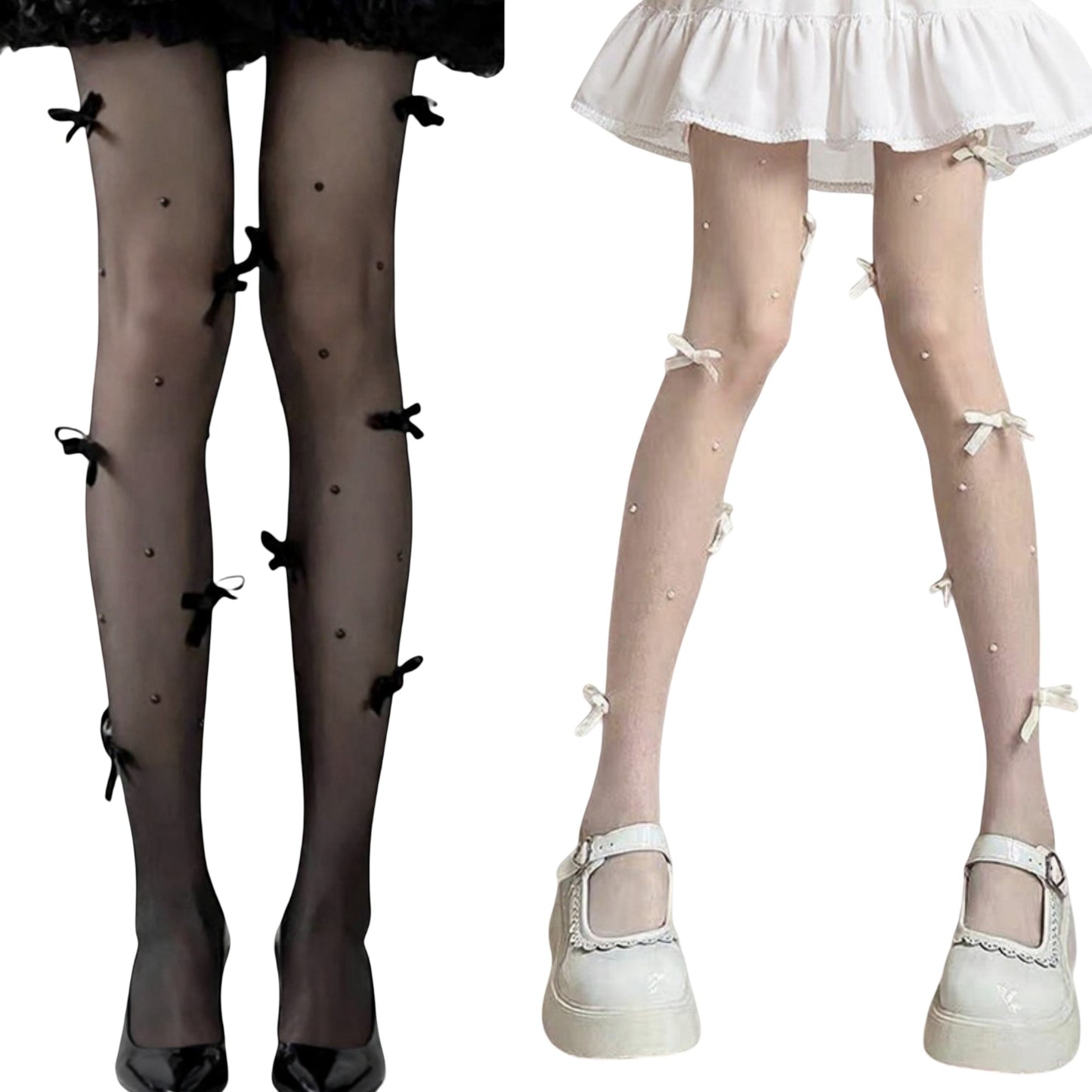 2pcs Women's Sheer Tights with Bow Accents and Polka Dot Embellishments