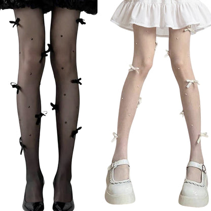 2pcs Women's Sheer Tights with Bow Accents and Polka Dot Embellishments