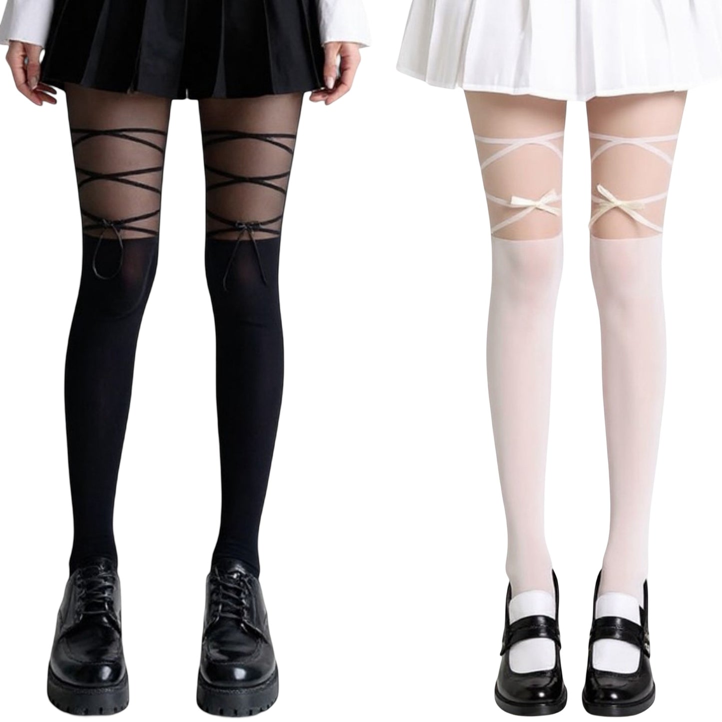 2pcs Women's Sheer Tights with Crisscross Lace-Up Detail and Opaque Lower Leg Design