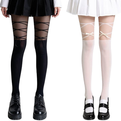 2pcs Women's Sheer Tights with Crisscross Lace-Up Detail and Opaque Lower Leg Design