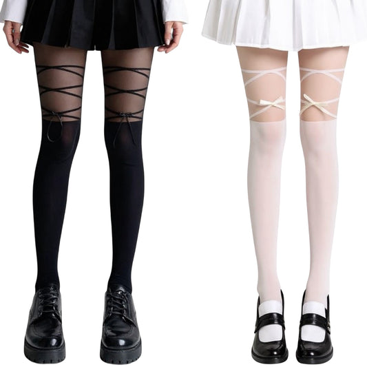 2pcs Women's Sheer Tights with Crisscross Lace-Up Detail and Opaque Lower Leg Design
