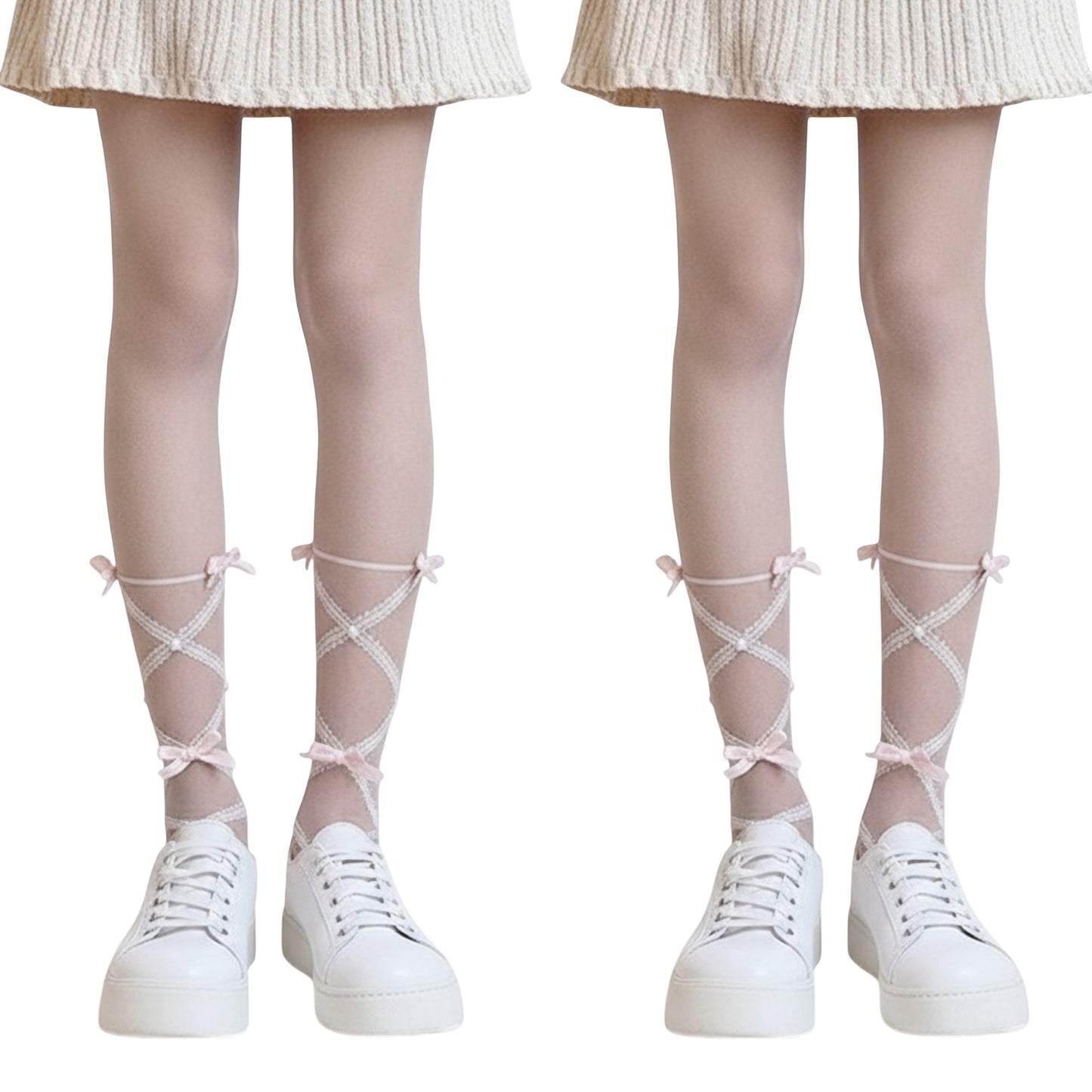 2pcs Women's Sheer Tights with Crisscross Lace Ribbon and Bow Detail at Ankles