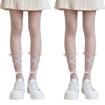 2pcs Women's Sheer Tights with Crisscross Lace Ribbon and Bow Detail at Ankles