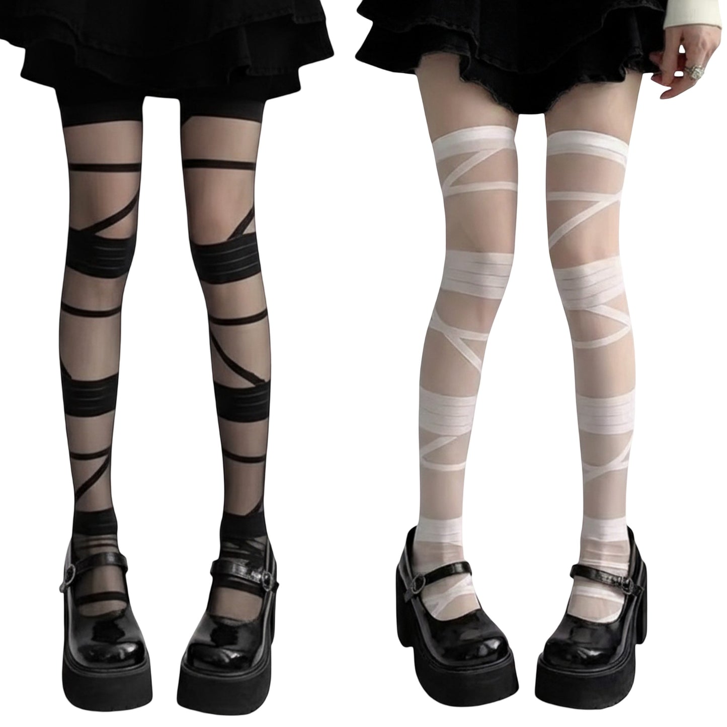 2pcs Women's Sheer Tights with Wrapped Ribbon Illusion and Gothic Layered Design