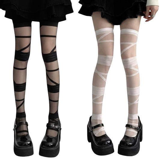 2pcs Women's Sheer Tights with Wrapped Ribbon Illusion and Gothic Layered Design
