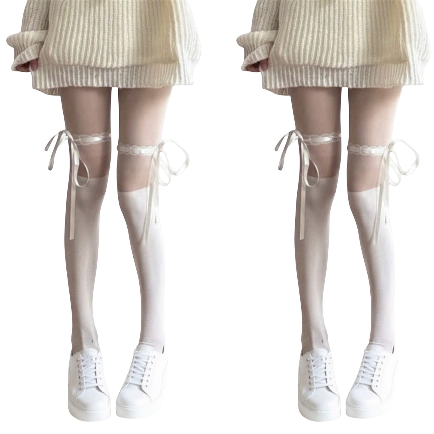 2pcs Women's Sheer Over-the-Knee Tights with Satin Ribbon Bow and Scalloped Edge Design