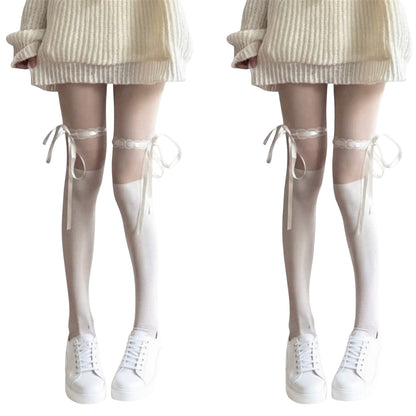 2pcs Women's Sheer Over-the-Knee Tights with Satin Ribbon Bow and Scalloped Edge Design