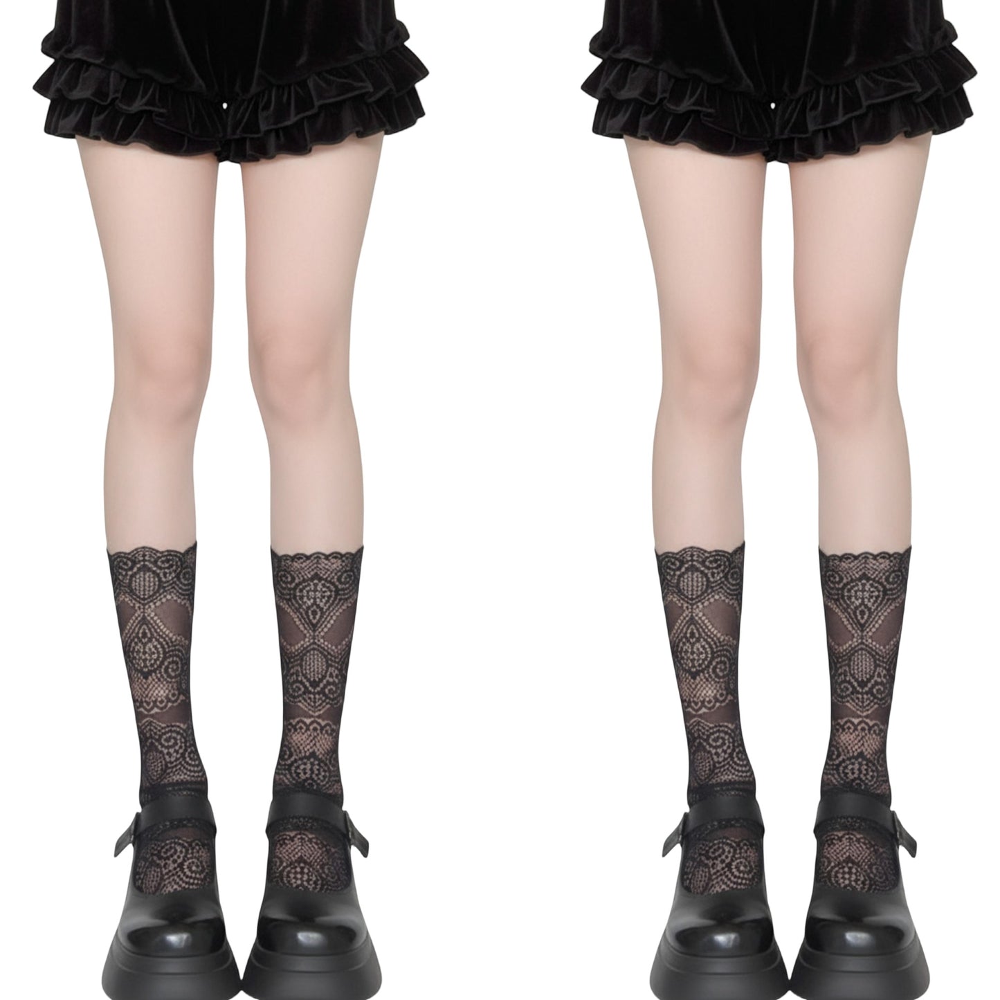 2pcs Women's Mid-Calf Lace Socks with Scalloped Edge and Intricate Floral Pattern
