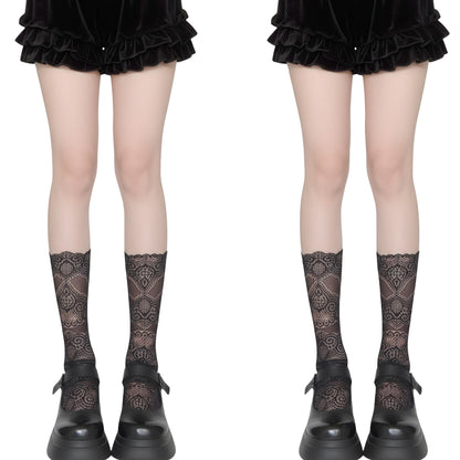 2pcs Women's Mid-Calf Lace Socks with Scalloped Edge and Intricate Floral Pattern