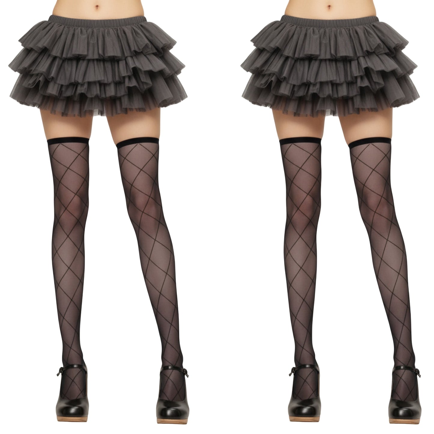 2pcs Women's Sheer Diamond Pattern Thigh High Stockings with Soft Stretch Fit
