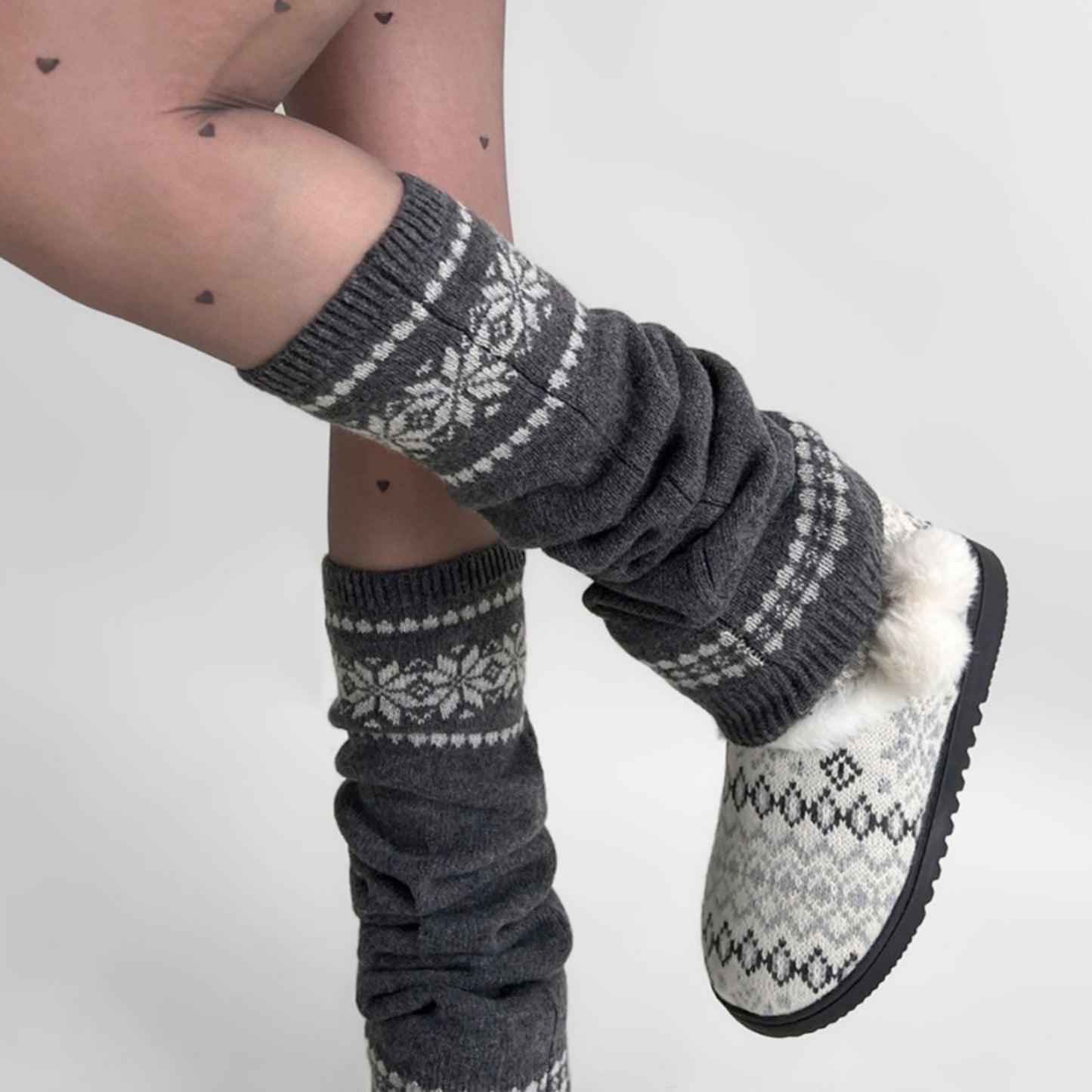 Nordic Knit Pattern Leg Warmers with Ribbed Cuffs and Soft Stretch Fabric