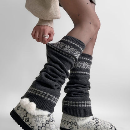 Nordic Knit Pattern Leg Warmers with Ribbed Cuffs and Soft Stretch Fabric