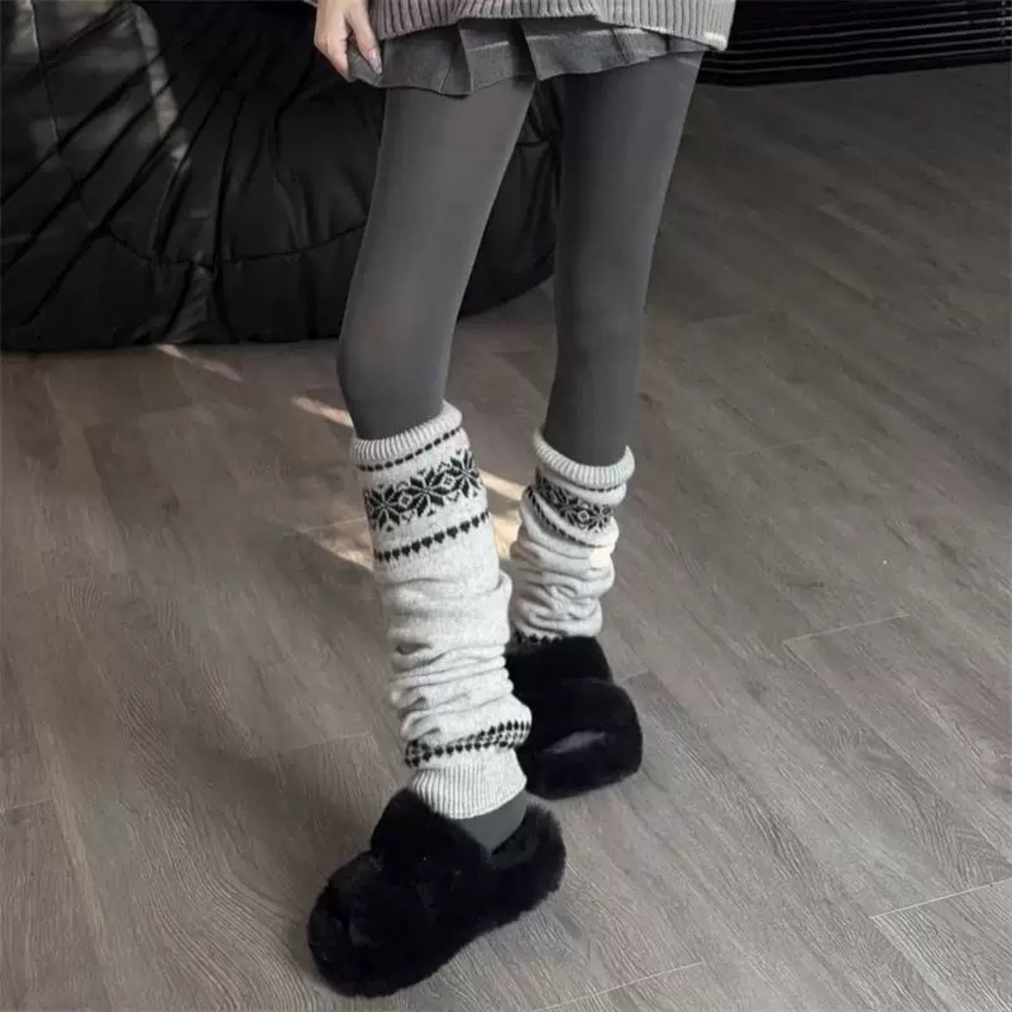 Nordic Knit Pattern Leg Warmers with Ribbed Cuffs and Soft Stretch Fabric