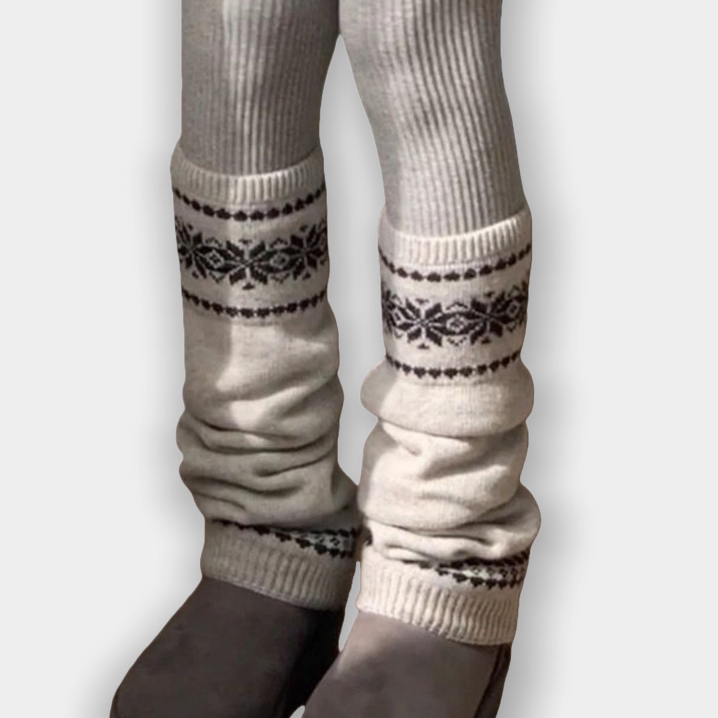 Nordic Knit Pattern Leg Warmers with Ribbed Cuffs and Soft Stretch Fabric