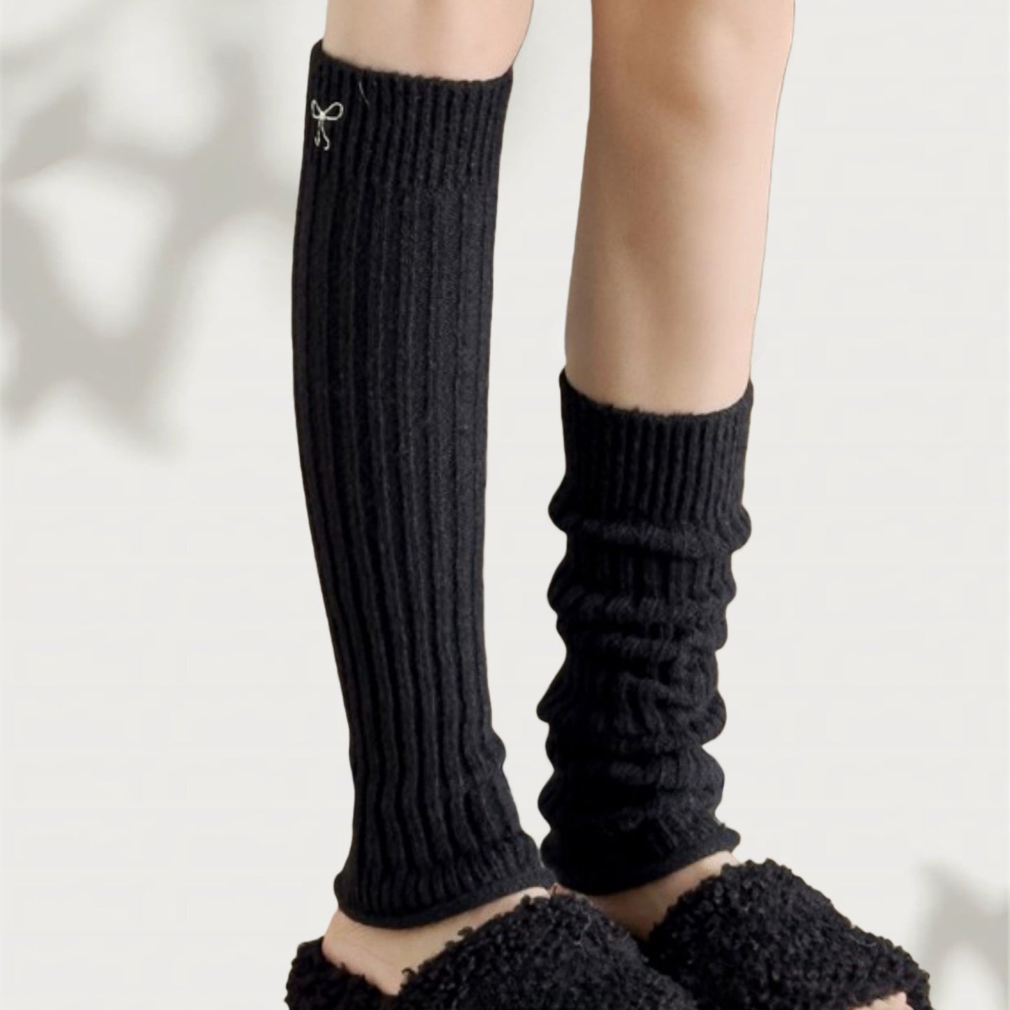Ribbed Knit Leg Warmers with Embroidered Bow Detail